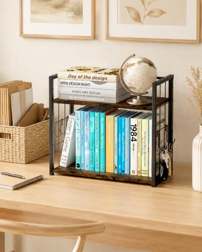 2-Tier Desktop Bookshelf, Desk Shelf Organizer, Rustic Brown - color: Rustic Brown