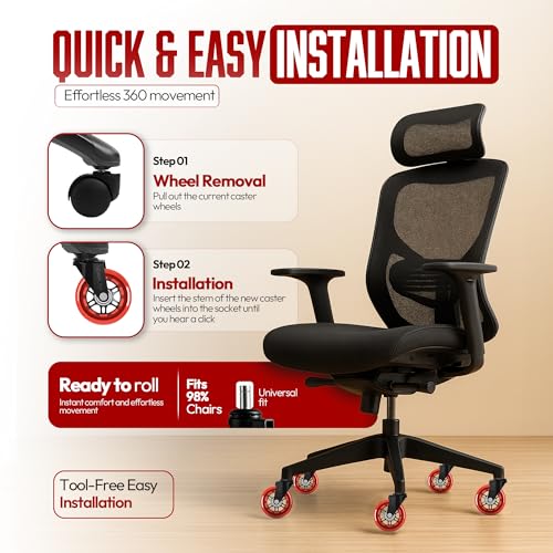 Office Chair Replacement Caster Wheels, 3 Inch Rollerblade Desk Chair Wheels for Carpet Hardwood Floors, Computer Chair Wheels - Gaming Desk Chair Casters - Fits 98% Chairs, Set of 5 - color: Red Pack of 5