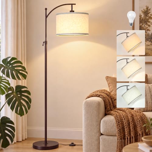 JUNNAI Modern Brown Floor Lamp Adjustable Height 55-63in 3 CCT 9W LED Bulb - color: Brown+Beige Shade-Arc