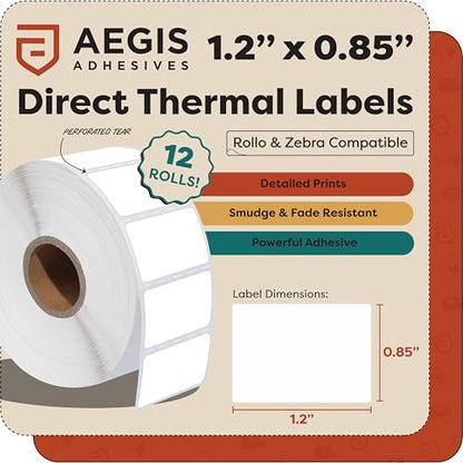 Aegis Adhesives - 1.2" X 0.85" Direct Thermal Printer Labels (18000 Count, 12 Rolls) - Barcode Stickers, SKU Labels, Product IDs - Compatible with Zebra Desktop Printers, NOT Rollo Compatible - size: 1.20" X 0.85"