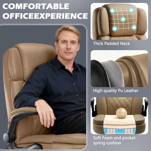 450 LBS Big and Tall Executive Office Chair with Flip up Arm, Heavy Duty Leather Computer Desk Chair,Comfortable High Back Swivel Home Office Chair with Rolling for Adults (Yellow) - color: Yellow