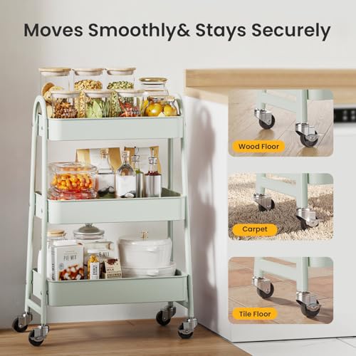 DUMOS 3 Tiers Rolling Utility Cart, Storage Organizer, Shelving Unit | Metal, Lockable Wheels, Mobile, Kitchen, Office, Bathroom, Laundry, Narrow Places, Light Green - color: 3-tier Green