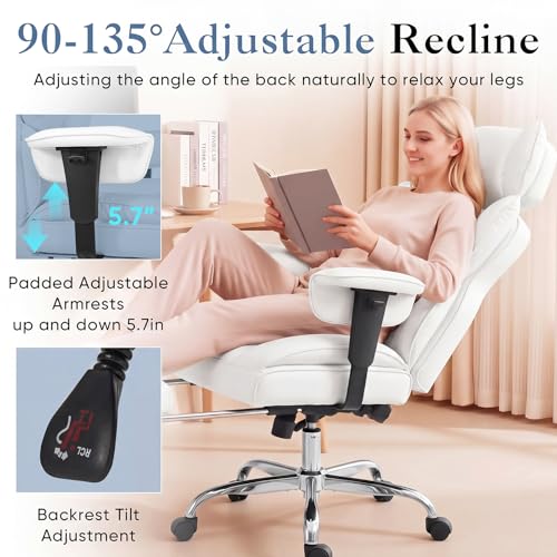 DUMOS Big and Tall Home Office Desk Chair, Executive Chair with Footrest - color: White-l, size: Adjustable Armrest
