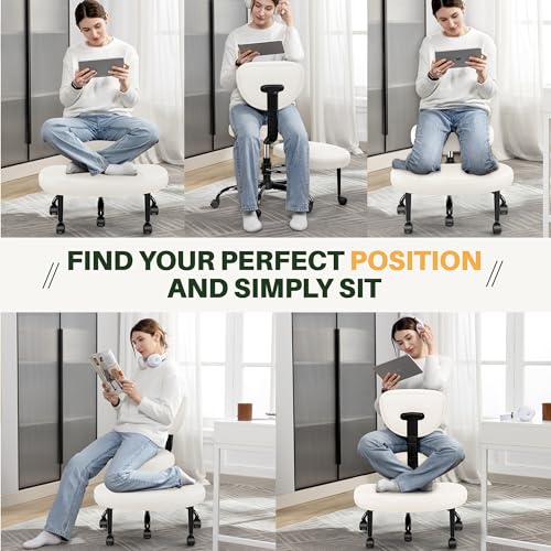 Criss Cross Office Chair - ADHD Cross Legged Chair with Wheels - Adjustable Height Ergonomic Kneeling Desk Chairs for Meditation Yoga Home Office with Backrest, 360°Rotating Footrest -White