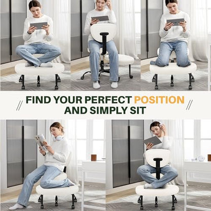 Criss Cross Office Chair - ADHD Cross Legged Chair with Wheels - Adjustable Height Ergonomic Kneeling Desk Chairs for Meditation Yoga Home Office with Backrest, 360°Rotating Footrest -White