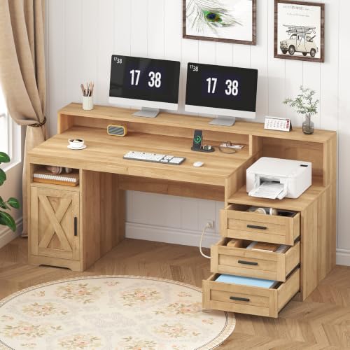65" Farmhouse Computer Desk with Drawers and Printer Stand for Home Office - color: Oak