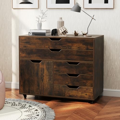 MAT EXPERT 5-Drawer Mobile File Cabinet w/Door, Lateral Filing Cabinet w/5 Universal Wheels, Rolling File Cabinets with Storage, Modern Wood Printer Stand for Home Office, Living Room (Rustic Brown) - color: Rustic Brown