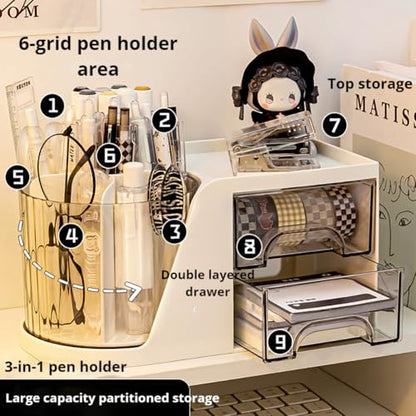 Rotating Desk Organizer, Large Capacity Cosmetic Display Case with Drawer, 360-Degree Rotating Pen Holder, Art Supply Storage Box Caddy for Office and Home - color: 360° Rotating 6 Slots 2 Drawers White