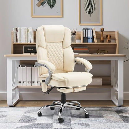 HOMREST Heated Massage Executive Office Chair with Footrest,Cream - color: Cream