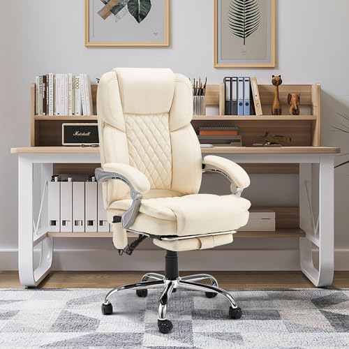 HOMREST Heated Massage Executive Office Chair with Footrest,Cream - color: Cream