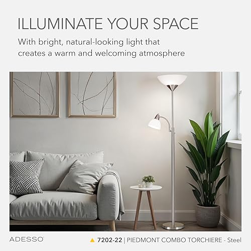 Adesso Floor Lamp, Brushed Steel, Dual-Socket, Adjustable Reading Light 71” - color: Brushed Steel
