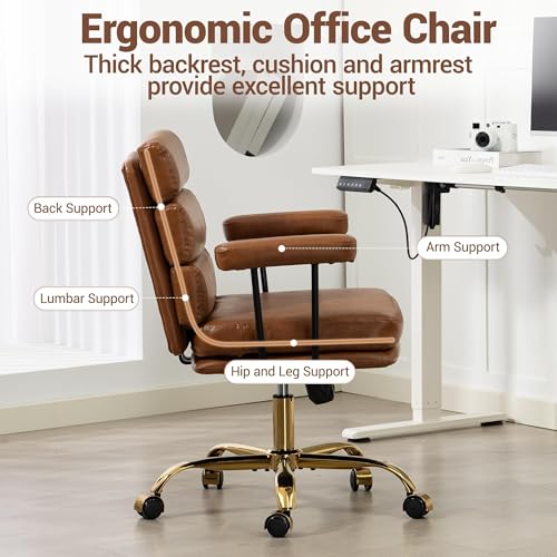 Faux Leather Home Office Desk Chair, Ergonomic Executive Computer Chair with Gold Base, Padded Seat and Armrests, Adjustable Height Swivel Makeup Vanity Chair with Wheels, Brown - color: Brown