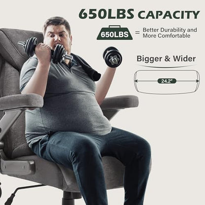 650lbs Big and Tall Office Chair with Thick Spring Cushion,5D Flip Arm Ergonomic Executive Office Chair Adjustable Lumbar Airbag&Extra Wide,Comfy Large Padded Heavy Duty Game Chair,Greycloth - color: Greycloth