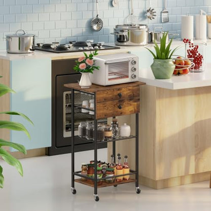 ETELI Coffee Cart Station with Lockable Wheels and Coffee Pod Storage | 5 Tier Coffee Bar Cart with 2 Drawers and Wire Mesh Storage for Kitchen Living Room Office Coffee Nook, Rustic Brown