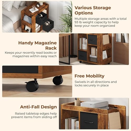Yaheetech Narrow End Table Storage Drawer Rolling Shelves, Rustic Brown | Open Shelves | Magazine Rack | Rolling Wheels | Wooden Construction | Living Room & Bedroom - color: Rustic Brown