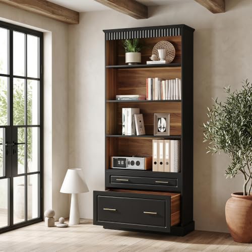 LITTLE TREE 72" Tall Black Bookcase, 5-Tier Office Bookself with File Cabinet Drawers,Modern Floor Standing Storage Filing Cabinet Book Shelf for Living Room,Bedroom(2 Piece,Black) - color: Black