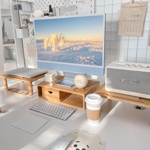 Dual Monitor Stand Riser with Drawer for Desk Laptop | Desk Shelf with Adjustable Length and Angle, Bamboo Computer Stand Riser for 2 or 3 Monitors Screen Laptop PC TV -Natural - color: Natural Bamboo