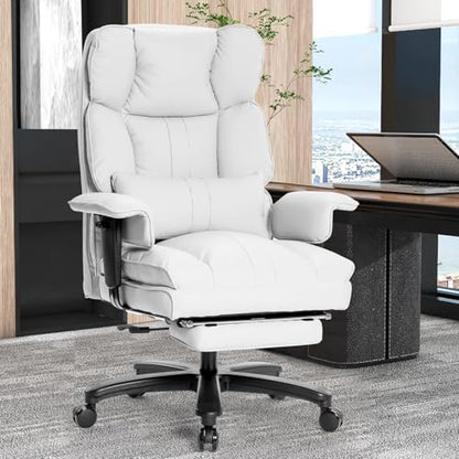 Big and Tall Office Chair with Foot Rest,Heavy Duty Office Chair(White) | PU Leather High Back Wide Desk Chair, Comfortable Executive Office Chair, 135° Reclining, Adjustable Padded Armrests - color: White