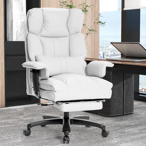 Big and Tall Office Chair with Foot Rest,Heavy Duty Office Chair(White) | PU Leather High Back Wide Desk Chair, Comfortable Executive Office Chair, 135° Reclining, Adjustable Padded Armrests - color: White