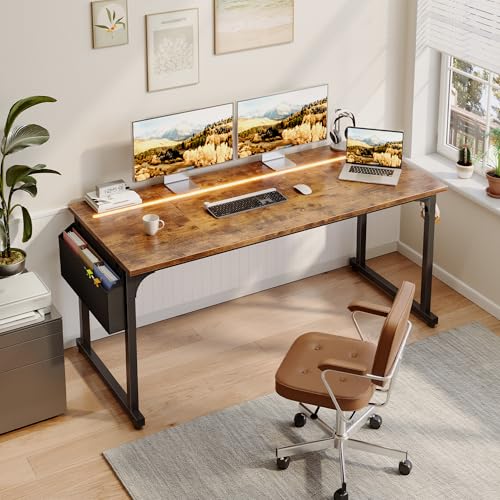 DurayLoly 55 Inch Office Desk with Waterproof LED Lights for Home Work - color: Rustic Brown, size: 55 Inch