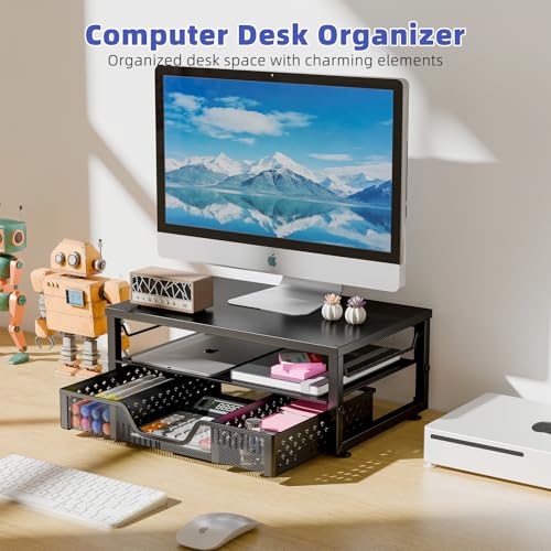 Simple Trending 2-Tier Monitor Stand Riser, Laptop & Printer Stand, Black | Metal Desk Organizer with Drawer, Desktop Organizer, Sturdy Material, for Home Office, 16.34"W x 10.35"D x 3.5"H - size: 16.34"W x 10.35"D x 3.5"H