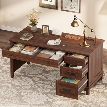 53.5" Executive Desk with Power Outlet, Home Office Desk with Drawers, Wooden Work Desk with File Cabinet, Computer Desk for Work, Study, Writing, Brown - color: Brown