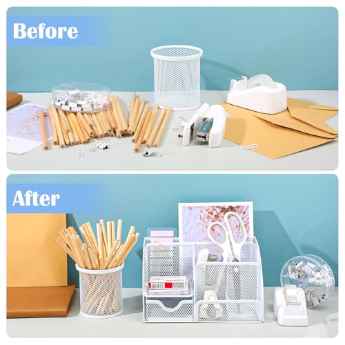 11 in 1 Desk Organizers and Accessories - White Office Supplies - Includes White Stapler, Tape Dispenser, Pen Holder, Staple Remover, Clips, Ruler, Scissors, Tapes, Tabs - color: White
