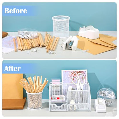 11 in 1 Desk Organizers and Accessories - White Office Supplies - Includes White Stapler, Tape Dispenser, Pen Holder, Staple Remover, Clips, Ruler, Scissors, Tapes, Tabs - color: White