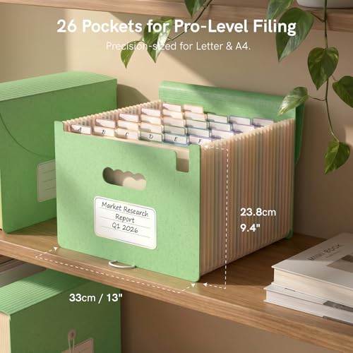 ABC life 26 Pockets Accordion File Organizer, Meadow Green | Expanding File Folder for Letter/A4 Size, Portable Document Holder with A-Z Tabs for Tax Receipt, School, Home, Office - color: Meadow Green