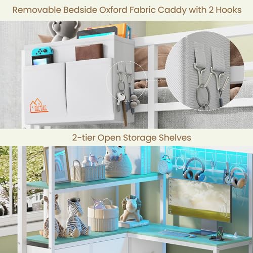 DICTAC Bunk Bed with L-Shaped Desk,5 Storage Drawers and 2 Shelves Metal Twin XL Over Twin Bunk Bed with LED Lights and Charging Station,bunk Beds with Safety Guardrail & Ladder,Space-Saving,White - color: White, size: Twin XL Over Twin
