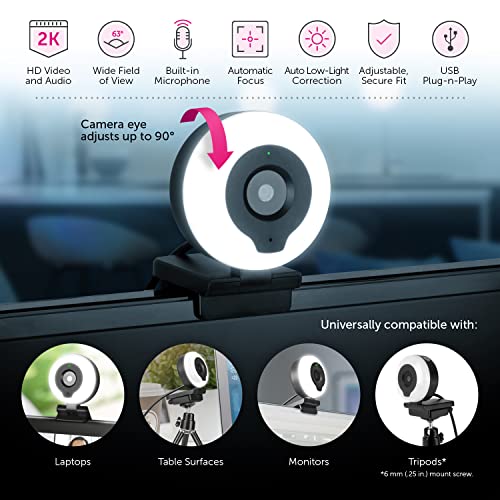 Aluratek 2K HD Ring Light Webcam with Auto Focus w/Tripod - style: AWCL2KFR