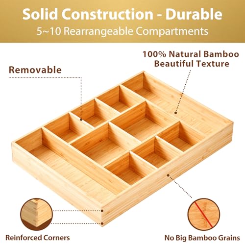 Umilife Extra Large Bamboo Desk Drawer Organizer, Wood Junk Organizer Tray with Adjustable Dividers, Anti-Skip Storage Organization in Office Bathroom Drawer for Vanity, Makeup, 17" x 12" - size: 17"x12"
