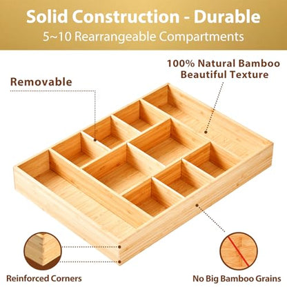 Umilife Extra Large Bamboo Desk Drawer Organizer, Wood Junk Organizer Tray with Adjustable Dividers, Anti-Skip Storage Organization in Office Bathroom Drawer for Vanity, Makeup, 17" x 12" - size: 17"x12"