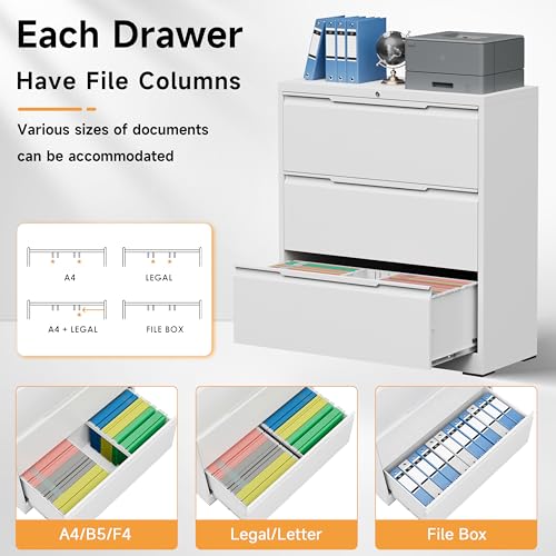 Bestoo 3 Drawer File Cabinet, Metal Lateral Filing Cabinet with Lock - color: White, size: 3 Drawer 15.7"D x 35.4"W x 40"H