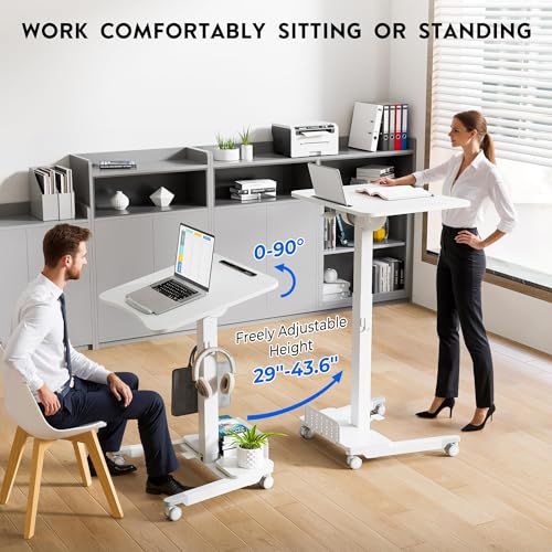 BONTEC Mobile Standing Desk, Adjustable Height, 23.6 x 20.5 Inch, White - color: White, size: 23.6" x 20.5"