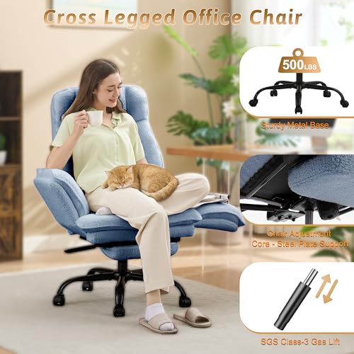 Wider Seat Office Chair with Flip Armrests for Criss Cross Legged&Cats, Big and Tall Executive Ergonomic Reclining Chair with Footrest&Lumbar Pillow, Teddy Fleece Desk Chair,Blue Vanity Chair - color: Blue