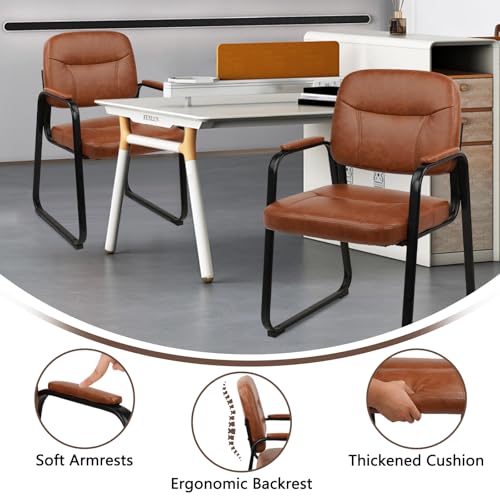 CLATINA Waiting Reception Chairs No Wheel, Leather Guest Chair with Padded Arms, Modern Brown Office Desk Chairs with Sled Base for Office Meeting Conference Room Lobby Home Living Room (2 Pack) - color: Brown-sled Base, size: 2pack