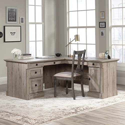 Sauder Palladia L Shaped Desk with Drawers, Office Desk with File Cabinet Storage, Cable Management, Keyboard Tray, in Split Oak finish - color: Split Oak