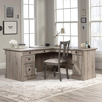 Sauder Palladia L Shaped Desk with Drawers, Office Desk with File Cabinet Storage, Cable Management, Keyboard Tray, in Split Oak finish - color: Split Oak
