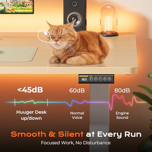 Huuger 55 x 28 Large Electric Standing Desk, Height Adjustable Desk, 27.6" Deep Desktop, Stand up Gaming Computer Office Desk with 2 Hooks, 3 Preset Heights, for Home Office, Maple - color: Maple, size: 55*28 inch (no outlets)