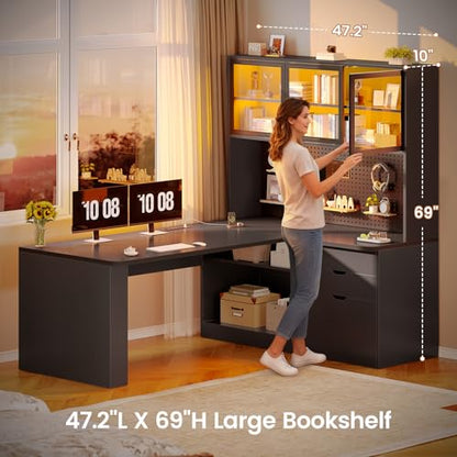 SEDETA L Shaped Corner Gaming Desk with 3 Wood Drawer and Large Bookshelf - color: Black