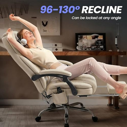 MALOL 300 lbs Massage Office Chair, Big and Tall Desk Chair with 3-Level Heat and Footrest, PU Leather Ergonomic Executive Computer Chair with Side Pocket, Beige - color: Beige, size: Set of 1, style: Classic