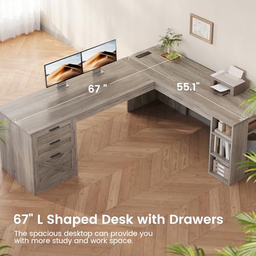 SEDETA 67" Farmhouse Executive L Shaped Desk with 3 Drawers - color: Grey, size: L Shaped Desk (67")