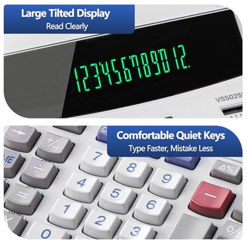 VUSIGN 12-Digit Desktop Printing Calculator with Tape Print Out, Adding Machine with Fluorescent Display, 10 Key Calculator with Clock and Calendar, Accounting Business Finance