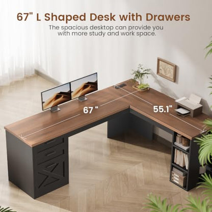 SEDETA 67" Farmhouse Executive L Shaped Desk with 3 Drawers - color: Black and Brown, size: L Shaped Desk (67")