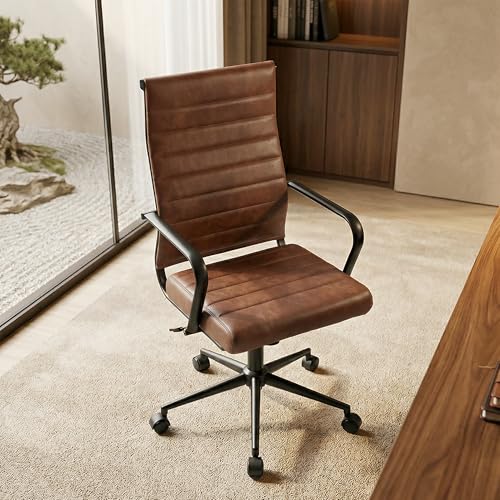 Okeysen Genuine Leather Office Desk Chair, Mid-Century Modern Real Leather Conference Room Chairs, Ergonomic Executive Ribbed Height Adjustable Swivel Rolling Chair for Home Office. - color: Genuine Brown