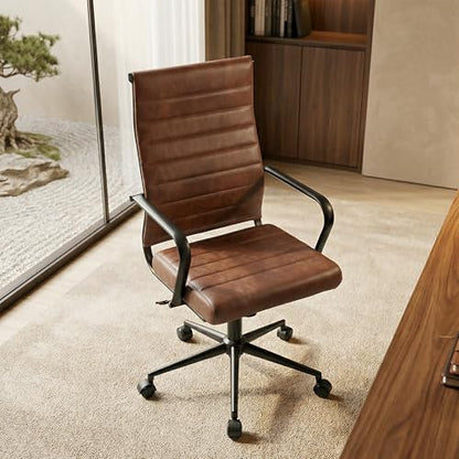 Okeysen Genuine Leather Office Desk Chair, Mid-Century Modern Real Leather Conference Room Chairs, Ergonomic Executive Ribbed Height Adjustable Swivel Rolling Chair for Home Office. - color: Genuine Brown