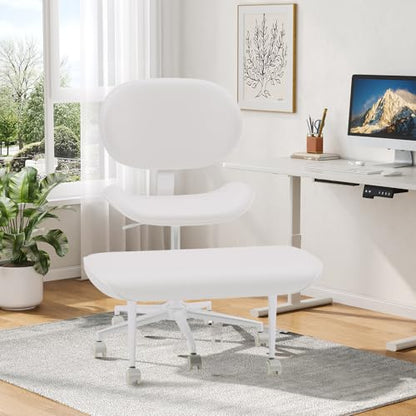Cross Legged Office Chair with Wheels for ADHD, Ergonomic 360° Swivel Height-Adjustable Meditation Chair for Yoga, Wide Kneeling Chair with Strong Lumbar Support, PU Leather, Off White - color: Off White-pu