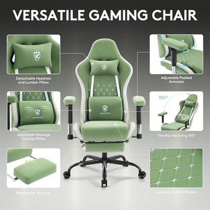 Gaming Chair,Computer Office Chair with Footrest,Massage,Green | Breathable Fabric,Gel Pad,Ergonomic,Spring Cushion,High Back,2D Adjustable Arms,Reclining,Lumbar Support,Headrest,Gamer Chair - color: Green