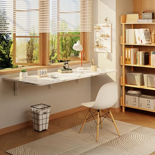 IAE Wall Mounted Folding Desk,Floating Computer Desk for Small Spaces,White | 48x22in engineered wood desktop with metal brackets, folds flat to save space in home office, apartment and laundry room - color: White, size: 48"*22"